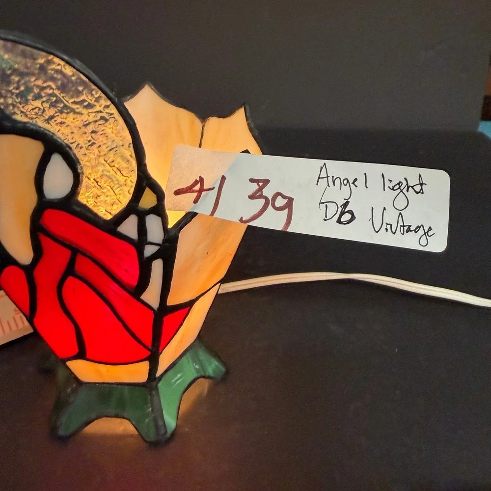 Vintage Stained Glass Angel Accent Lamp Red White Iridescent Night Light 4139-d6